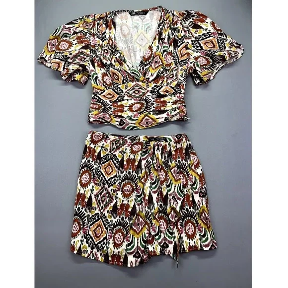 ZARA Ikat Print Puff Sleeve Crop Top - Size M NWT - Picture 7 of 12